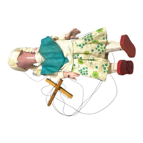 VTG Handmade Czech Marionette Puppet Grandma Blonde Grey Hair Braid Floral Dress - Picture 10 of 10